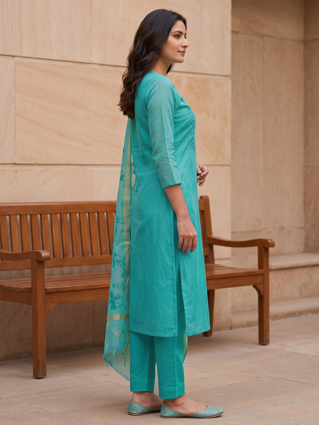 Peachmode Rama Green Floral Kota Doria Dress Material - Image 6