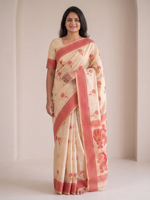 Peachmode Cream Cotton Blend Jamdani Woven Saree - Image 1
