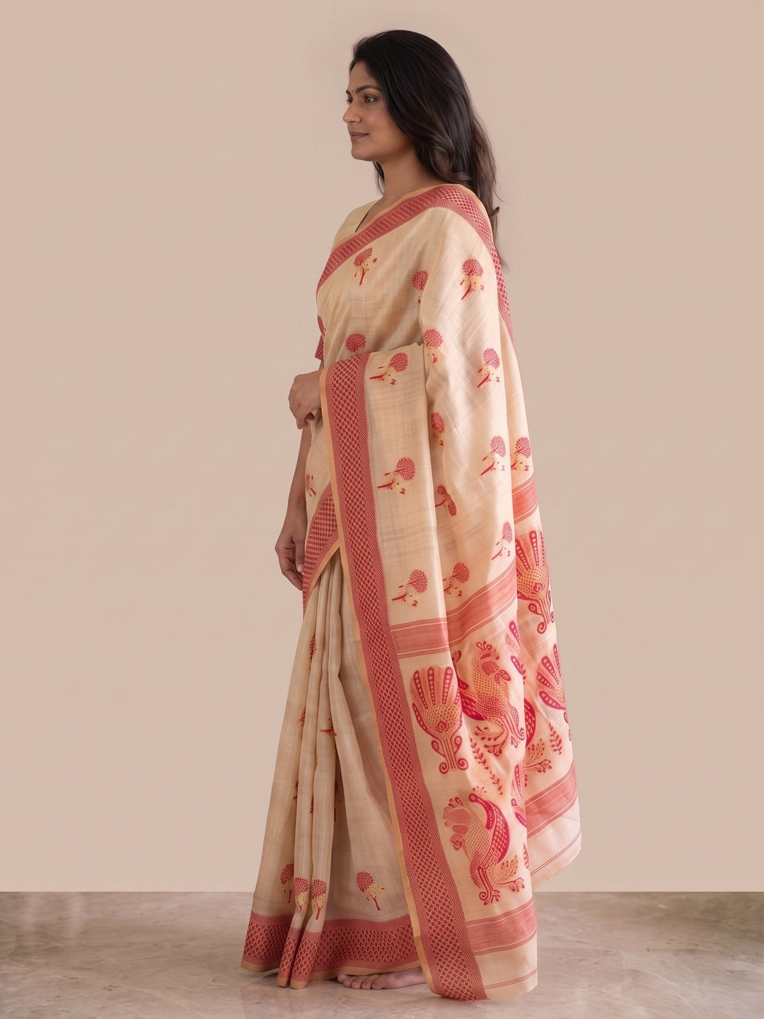Peachmode Cream Cotton Blend Jamdani Woven Saree - Image 5