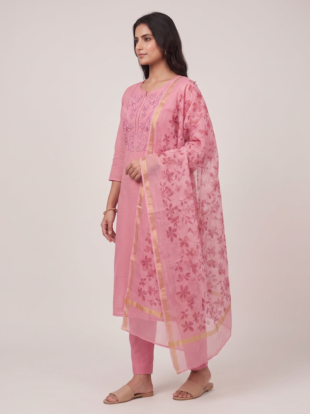 Peachmode Pink Floral Kota Doria Dress Material - Image 7