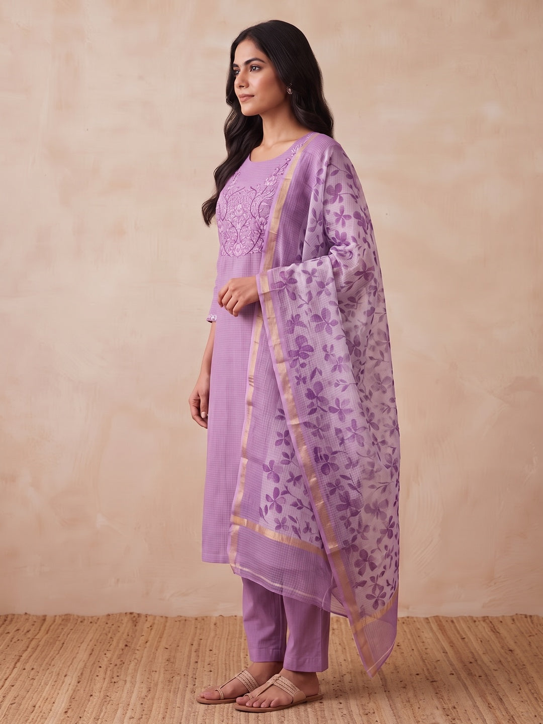 Peachmode Purple Floral Kota Doria Dress Material - Image 7