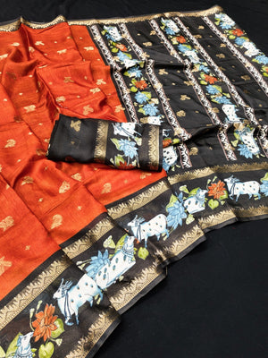 Peachmode Orange Cow Motif Border Art Silk Saree - Image 2