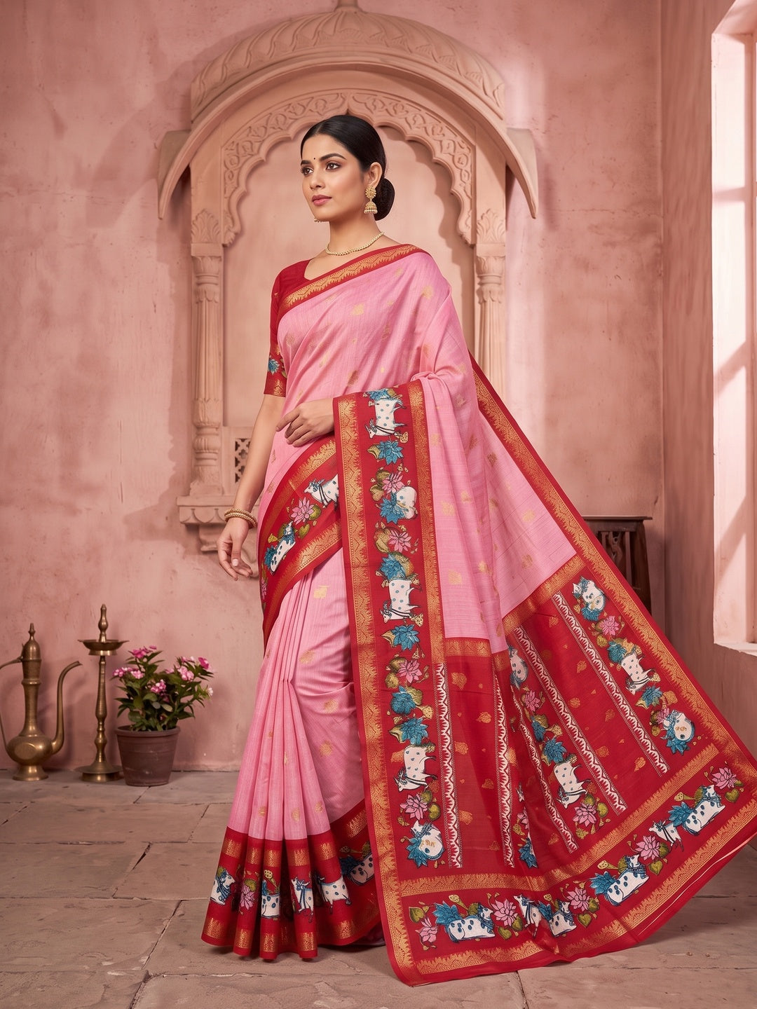 Peachmode Pink Cow Motif Border Art Silk Saree - Image 3