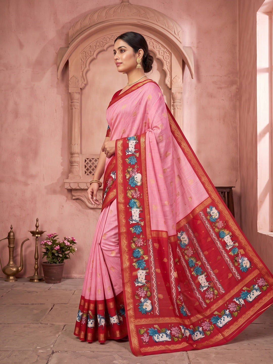 Peachmode Pink Cow Motif Border Art Silk Saree - Image 4