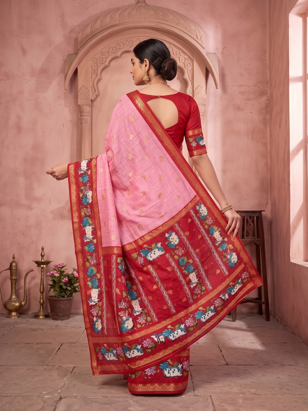 Peachmode Pink Cow Motif Border Art Silk Saree - Image 5