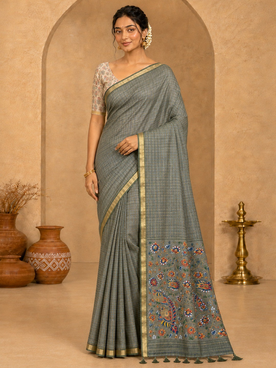 Peachmode Grey Linen Cotton Fancy Digital Print Saree - Image 1