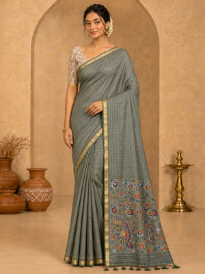 Peachmode Grey Linen Cotton Fancy Digital Print Saree - Image 1