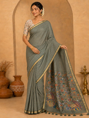 Peachmode Grey Linen Cotton Fancy Digital Print Saree - Image 2