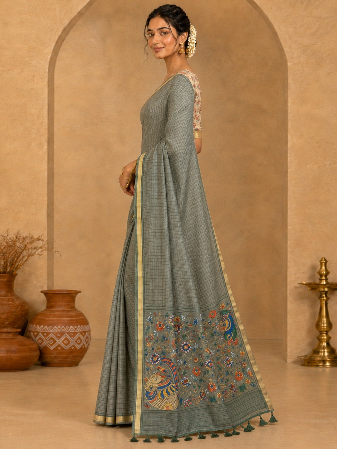 Peachmode Grey Linen Cotton Fancy Digital Print Saree - Image 3