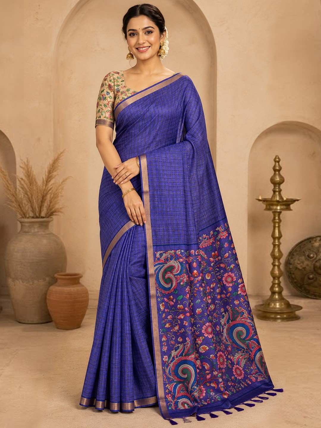 Peachmode Purple Linen Cotton Fancy Digital Print Saree - Image 1