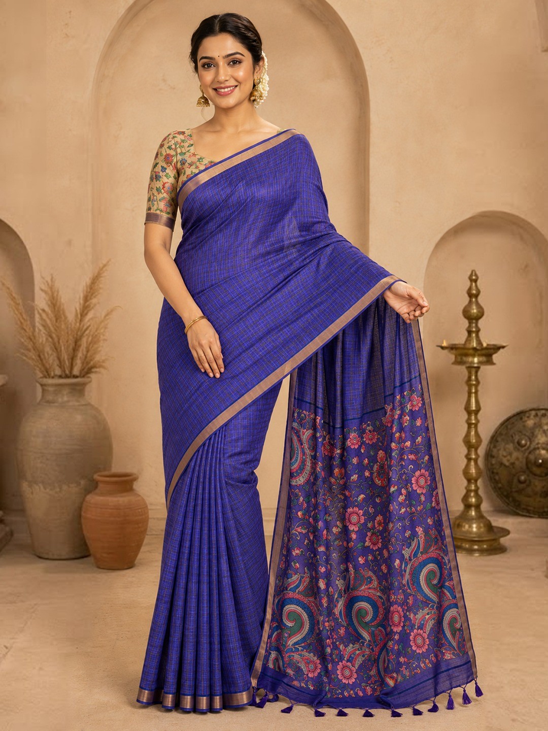 Peachmode Purple Linen Cotton Fancy Digital Print Saree - Image 2
