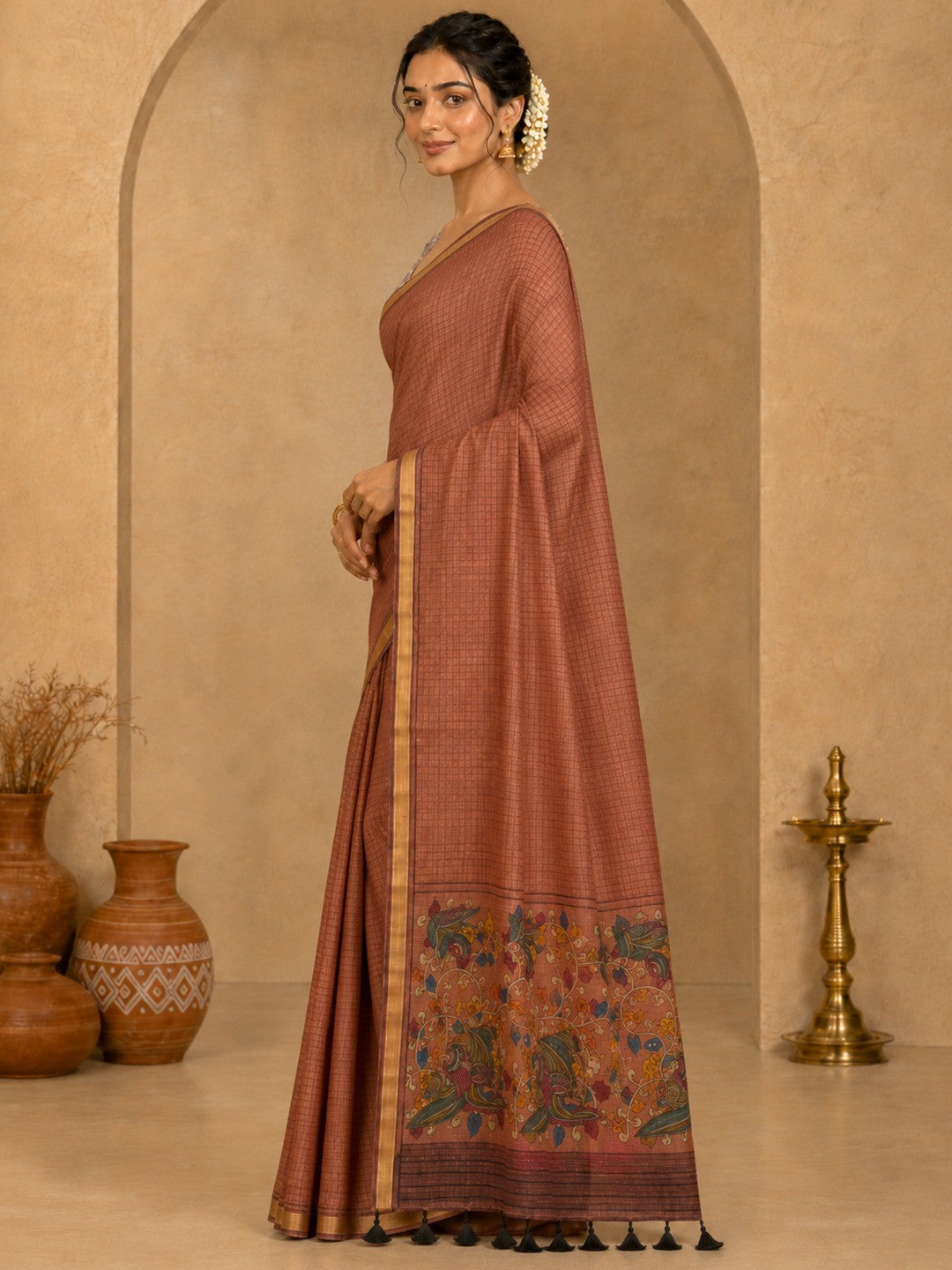 Peachmode Peach Linen Cotton Fancy Digital Print Saree - Image 3