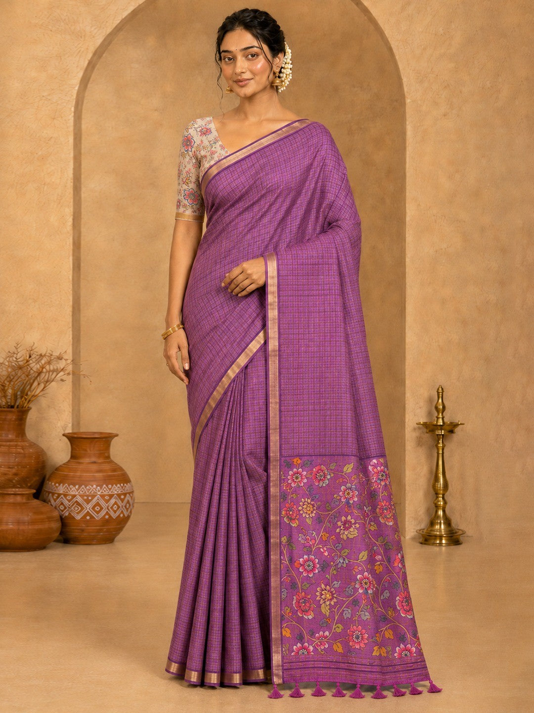 Peachmode Onion Linen Cotton Fancy Digital Print Saree - Image 1