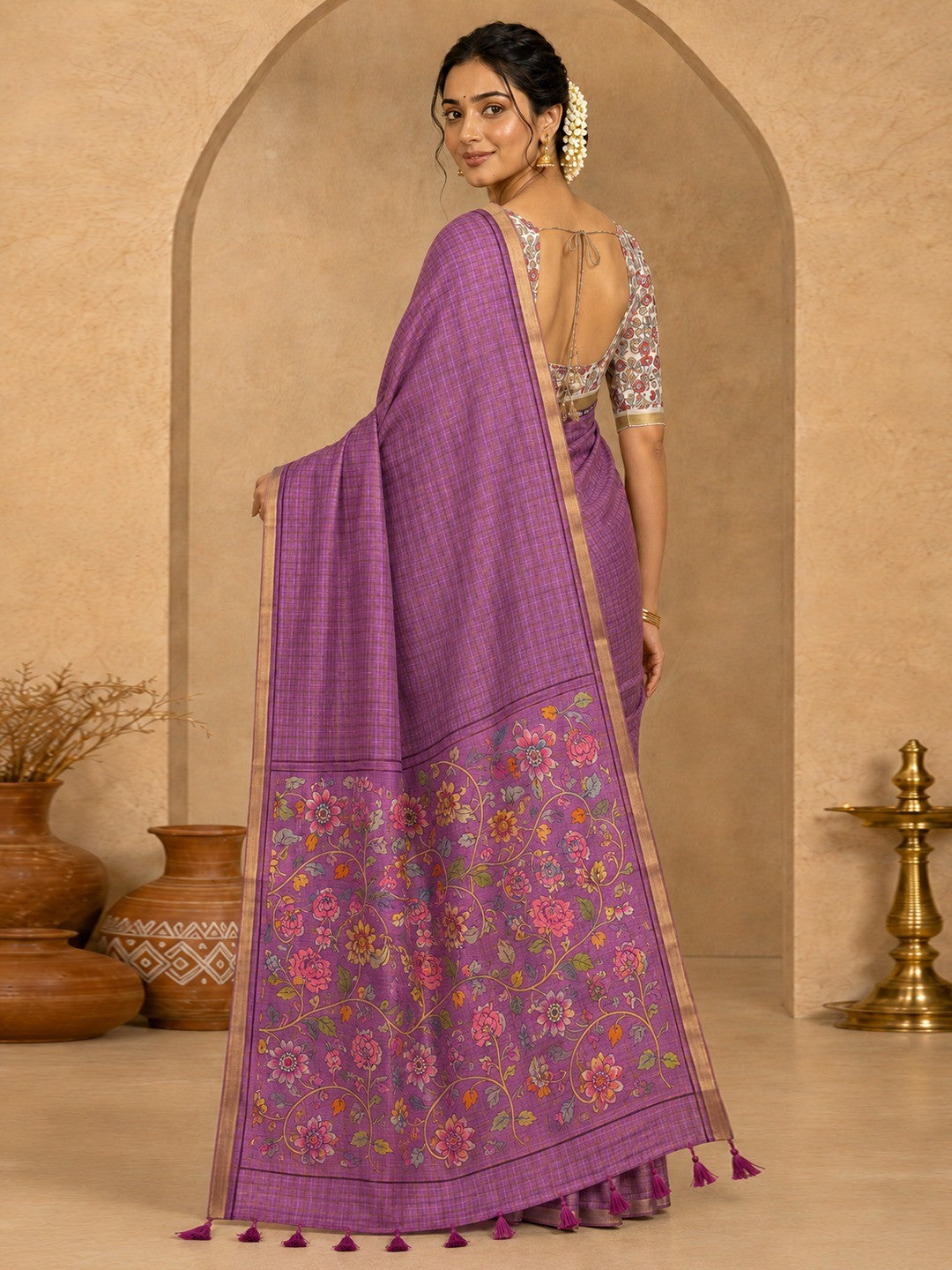 Peachmode Onion Linen Cotton Fancy Digital Print Saree - Image 3