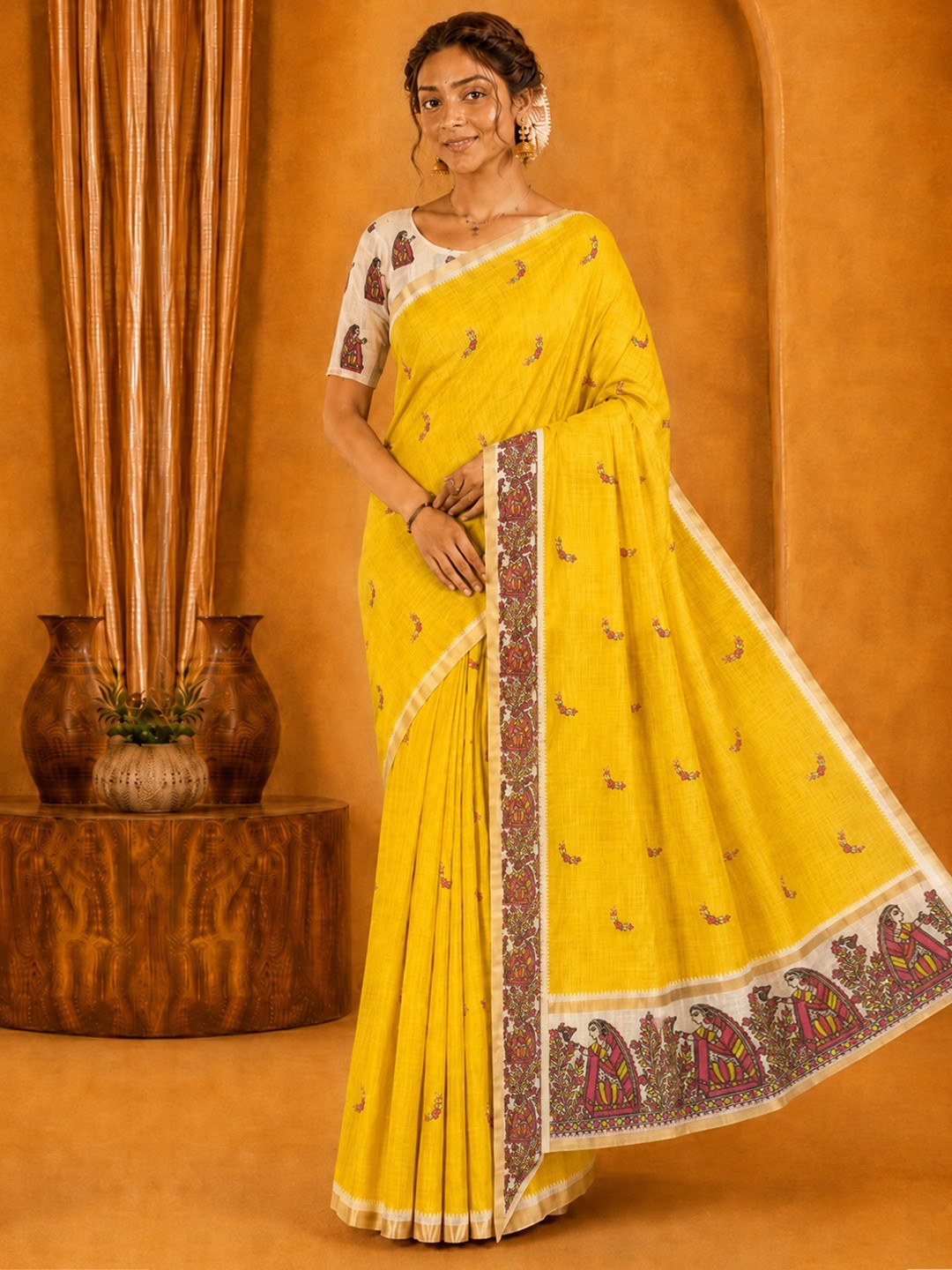 Peachmode Yellow Linen Cotton Zari Bentex Border Saree - Image 1