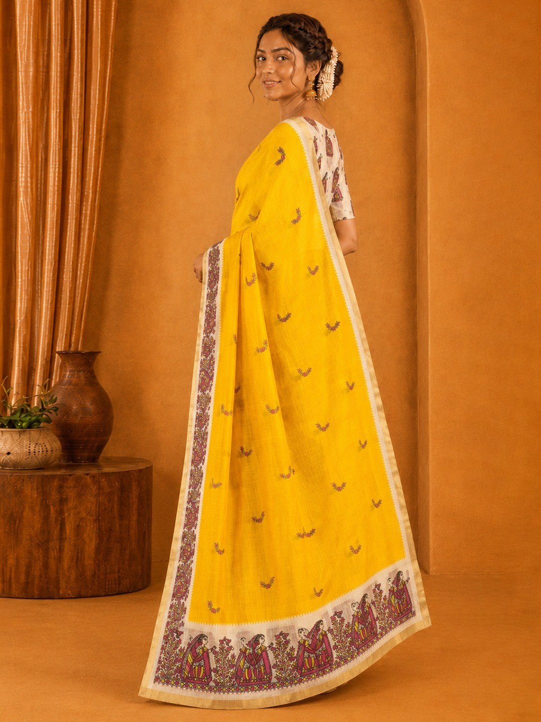Peachmode Yellow Linen Cotton Zari Bentex Border Saree - Image 2