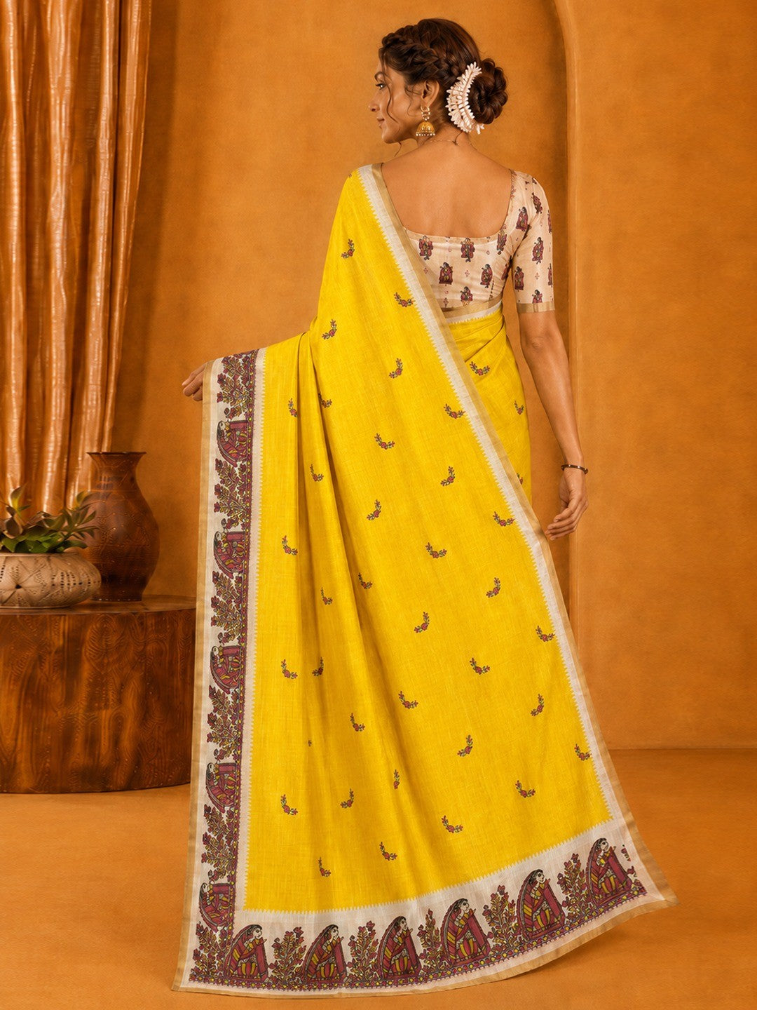 Peachmode Yellow Linen Cotton Zari Bentex Border Saree - Image 4