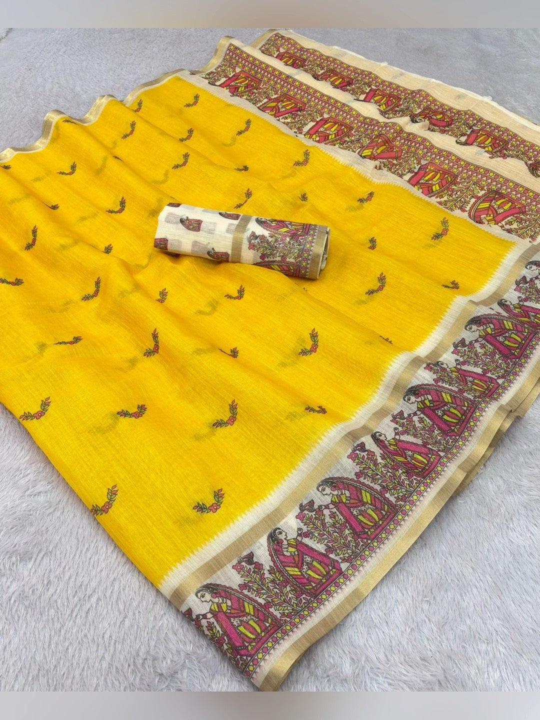 Peachmode Yellow Linen Cotton Zari Bentex Border Saree - Image 5