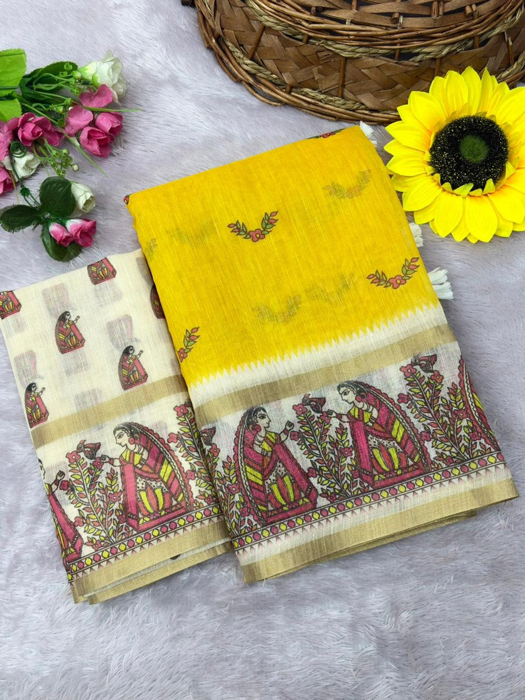 Peachmode Yellow Linen Cotton Zari Bentex Border Saree - Image 7