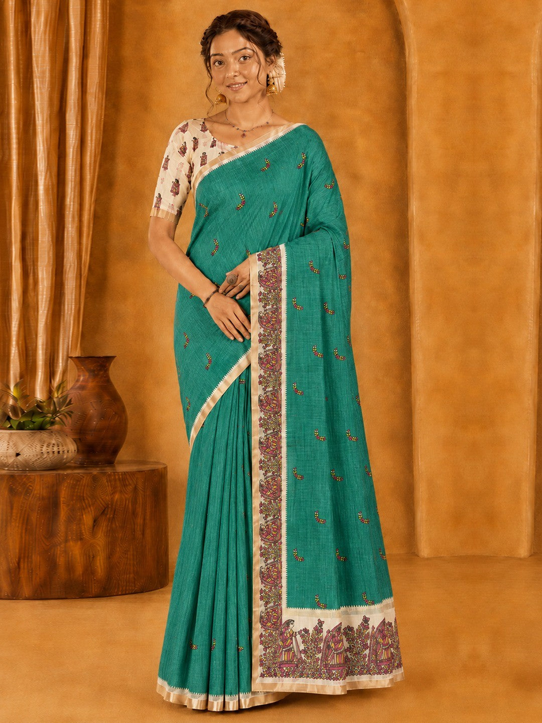 Peachmode Green Linen Cotton Zari Bentex Border Saree - Image 2
