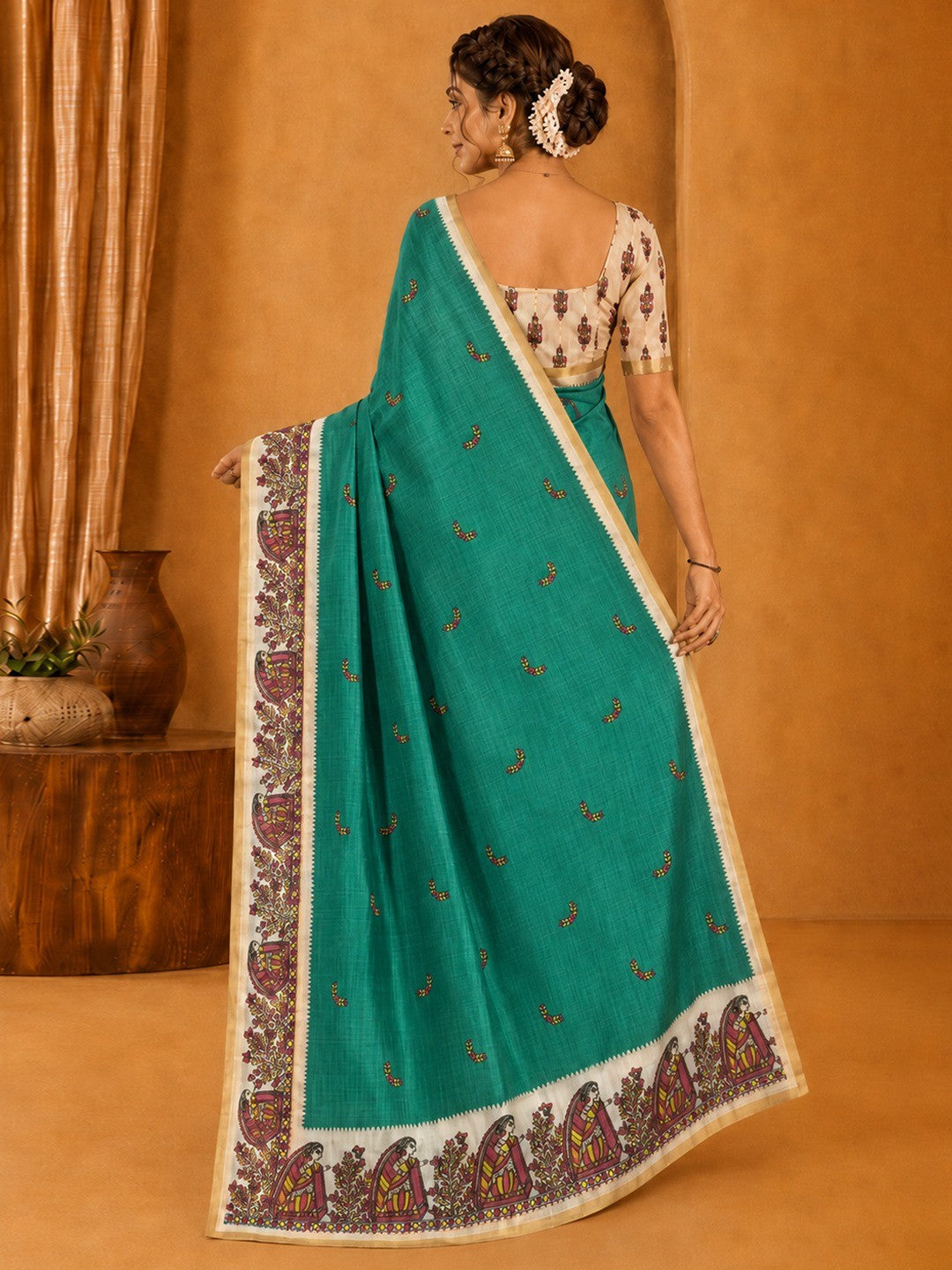 Peachmode Green Linen Cotton Zari Bentex Border Saree - Image 4