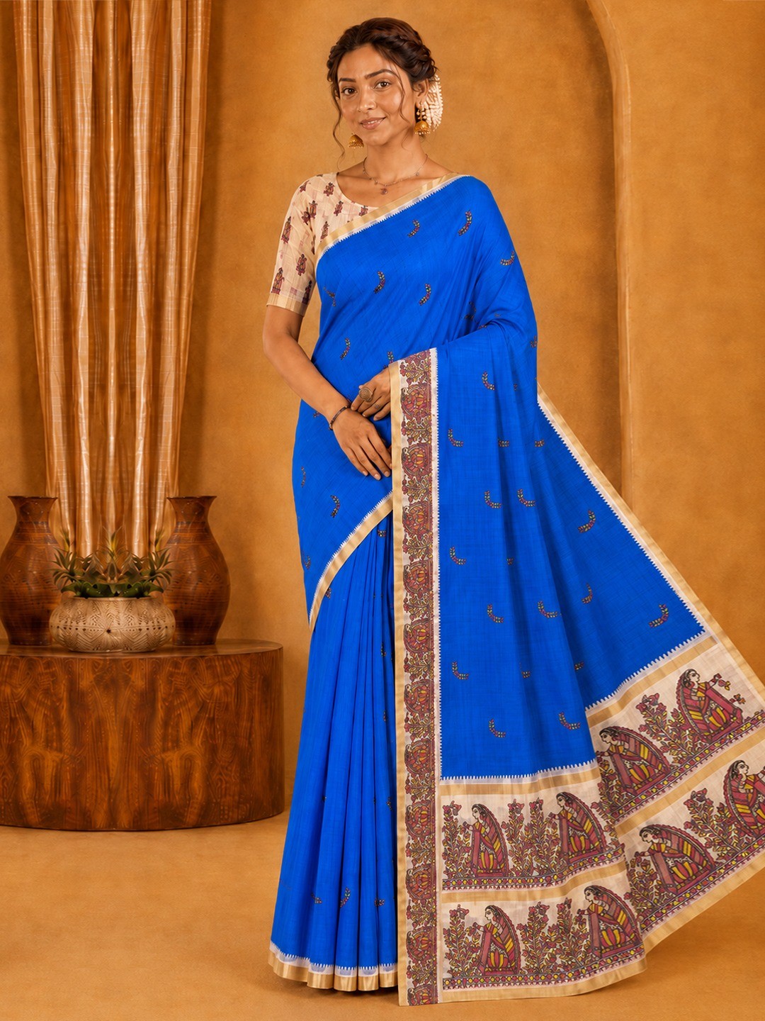 Peachmode Blue Linen Cotton Zari Bentex Border Saree - Image 1