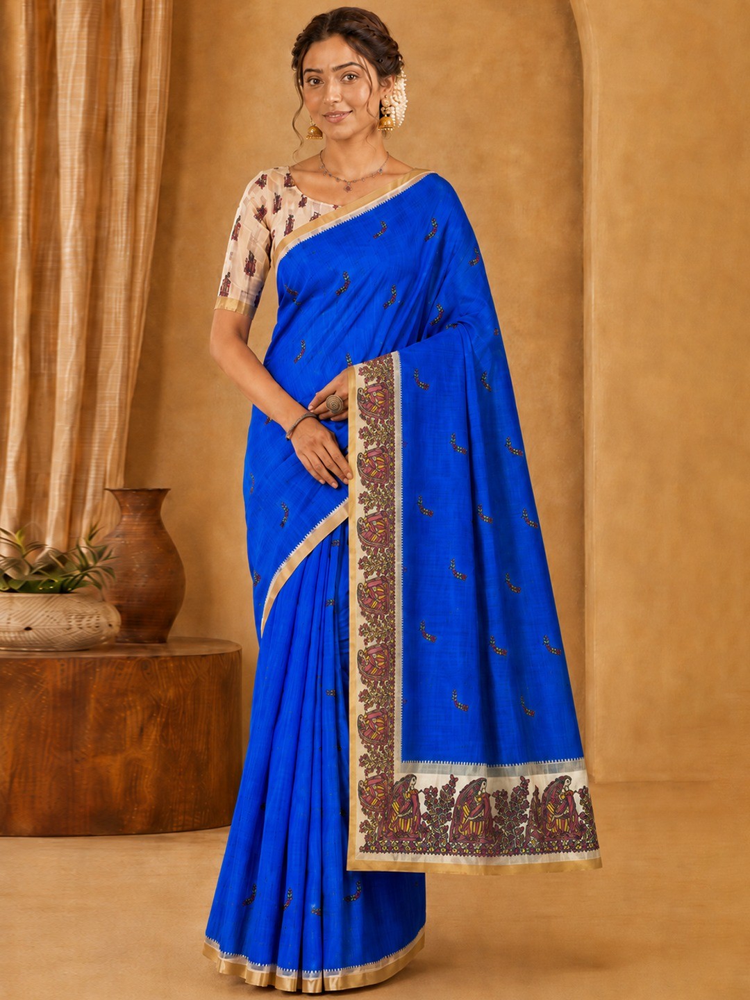 Peachmode Blue Linen Cotton Zari Bentex Border Saree - Image 2