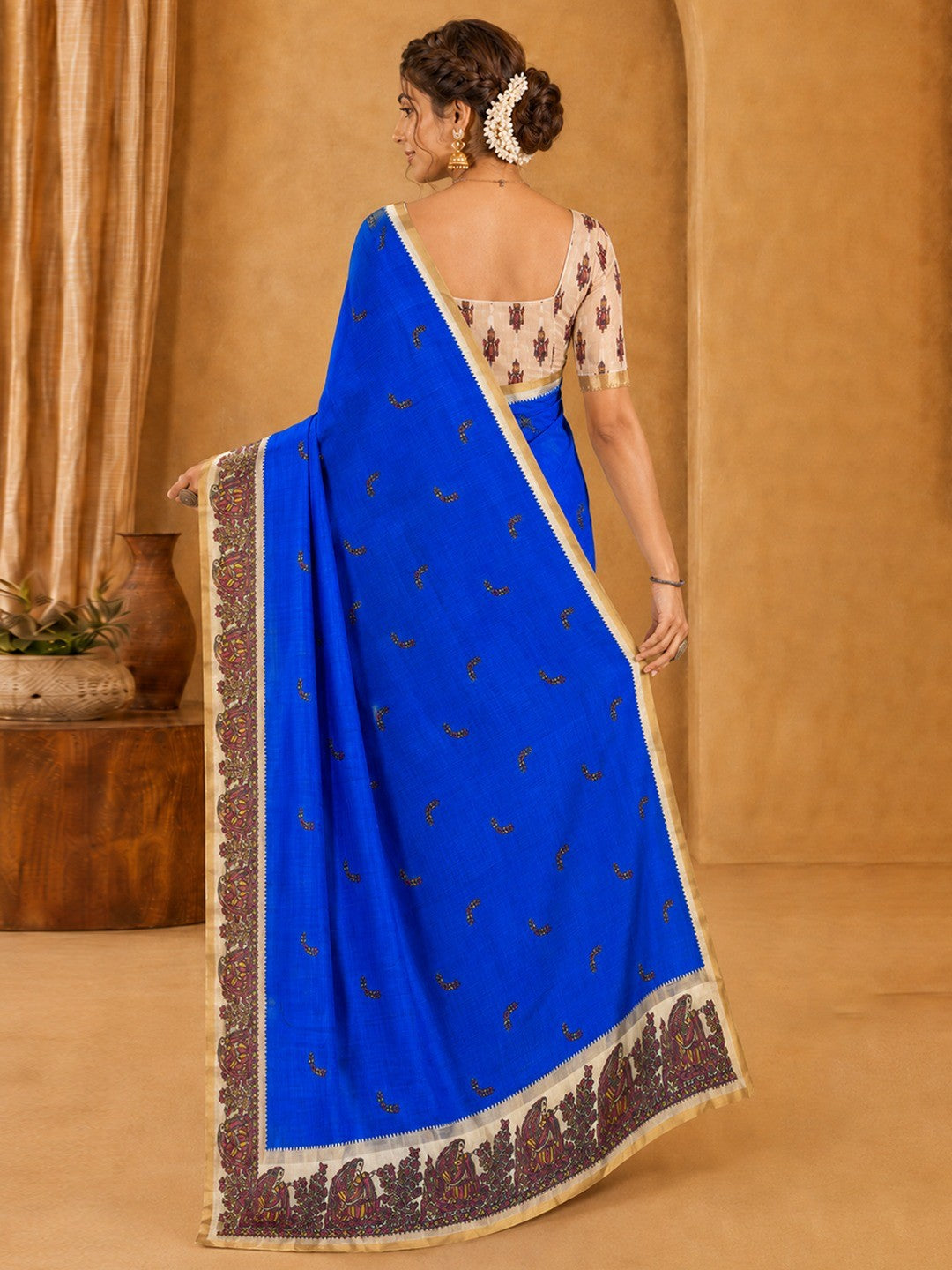 Peachmode Blue Linen Cotton Zari Bentex Border Saree - Image 4
