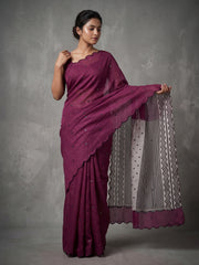 Wine Soft Linen Cotton Zigzag Mirror Work Saree