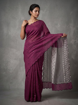 Wine Soft Linen Cotton Zigzag Mirror Work Saree - Image 1