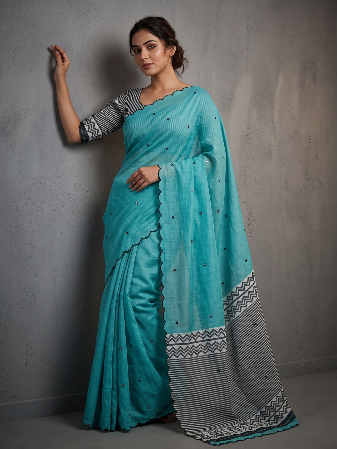 Turquoise Soft Linen Cotton Zigzag Mirror Work Saree - Image 1