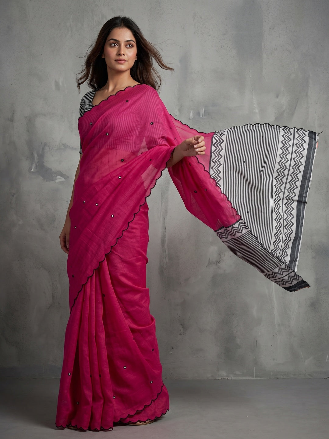 Magenta Soft Linen Cotton Zigzag Mirror Work Saree - Image 1