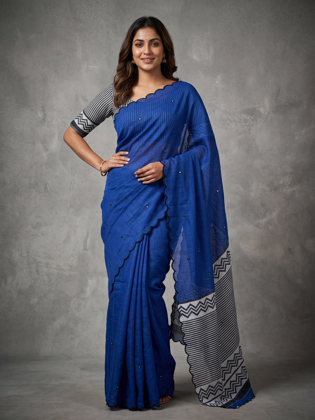 Royal Blue Soft Linen Cotton Zigzag Mirror Work Saree - Image 1