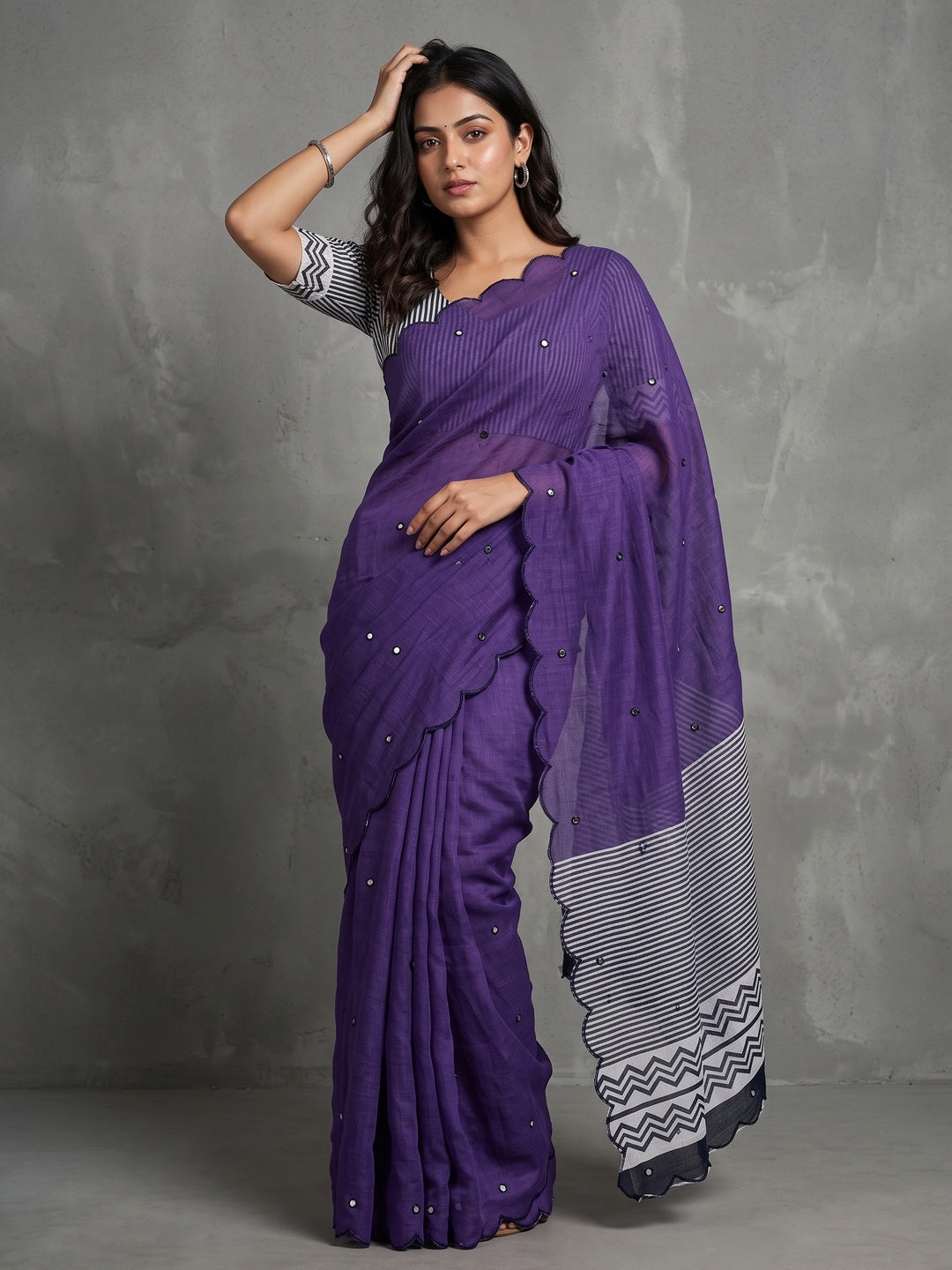 Purple Soft Linen Cotton Zigzag Mirror Work Saree - Image 1