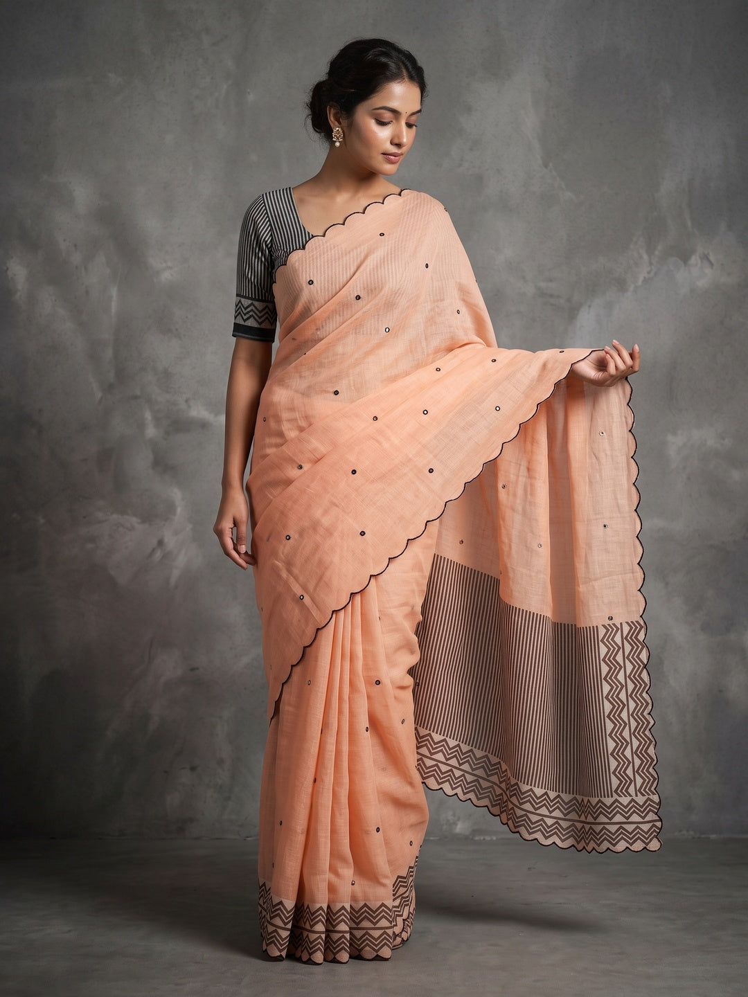 Peach Soft Linen Cotton Zigzag Mirror Work Saree - Image 1