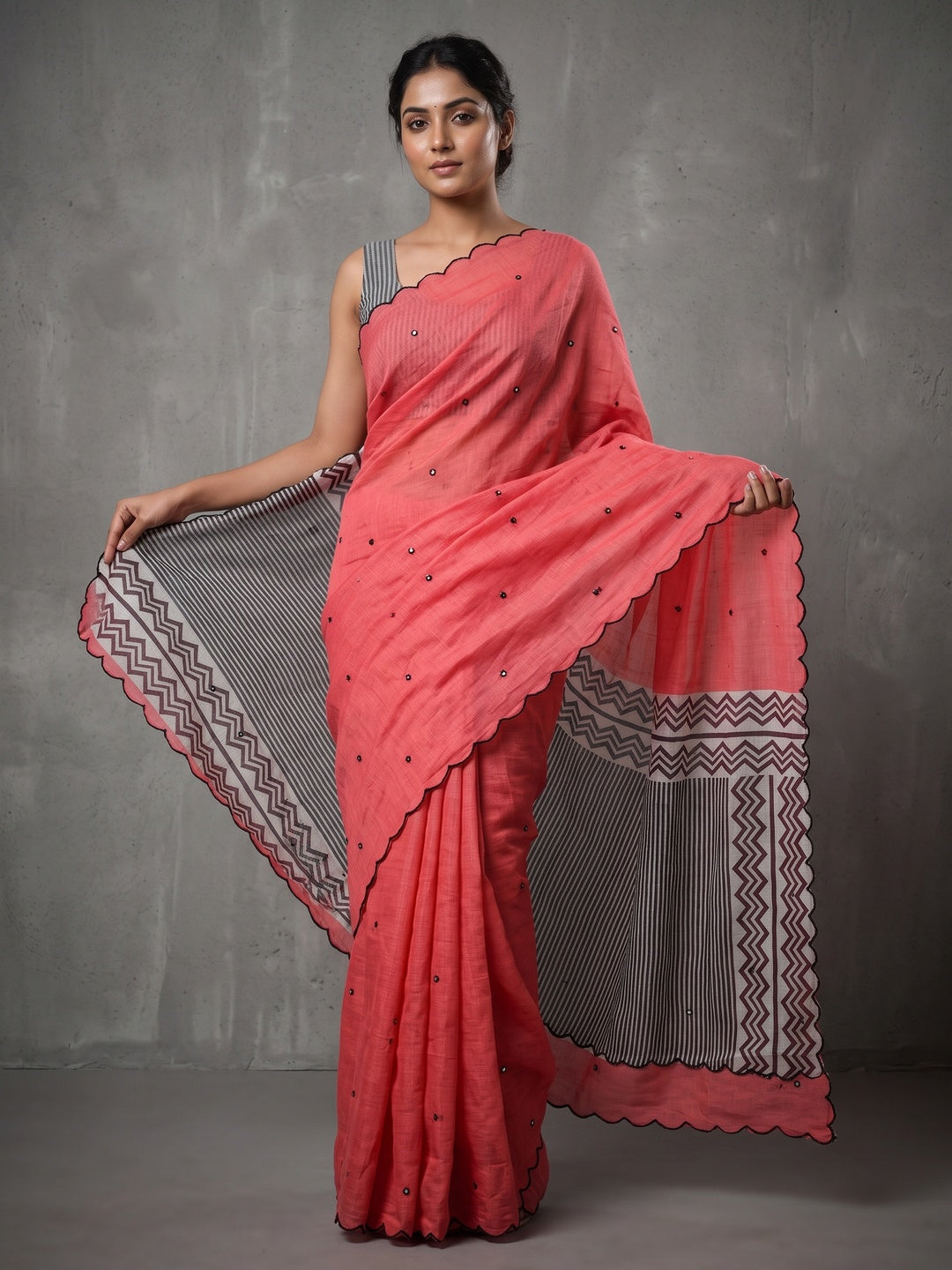 Coral Soft Linen Cotton Zigzag Mirror Work Saree - Image 1