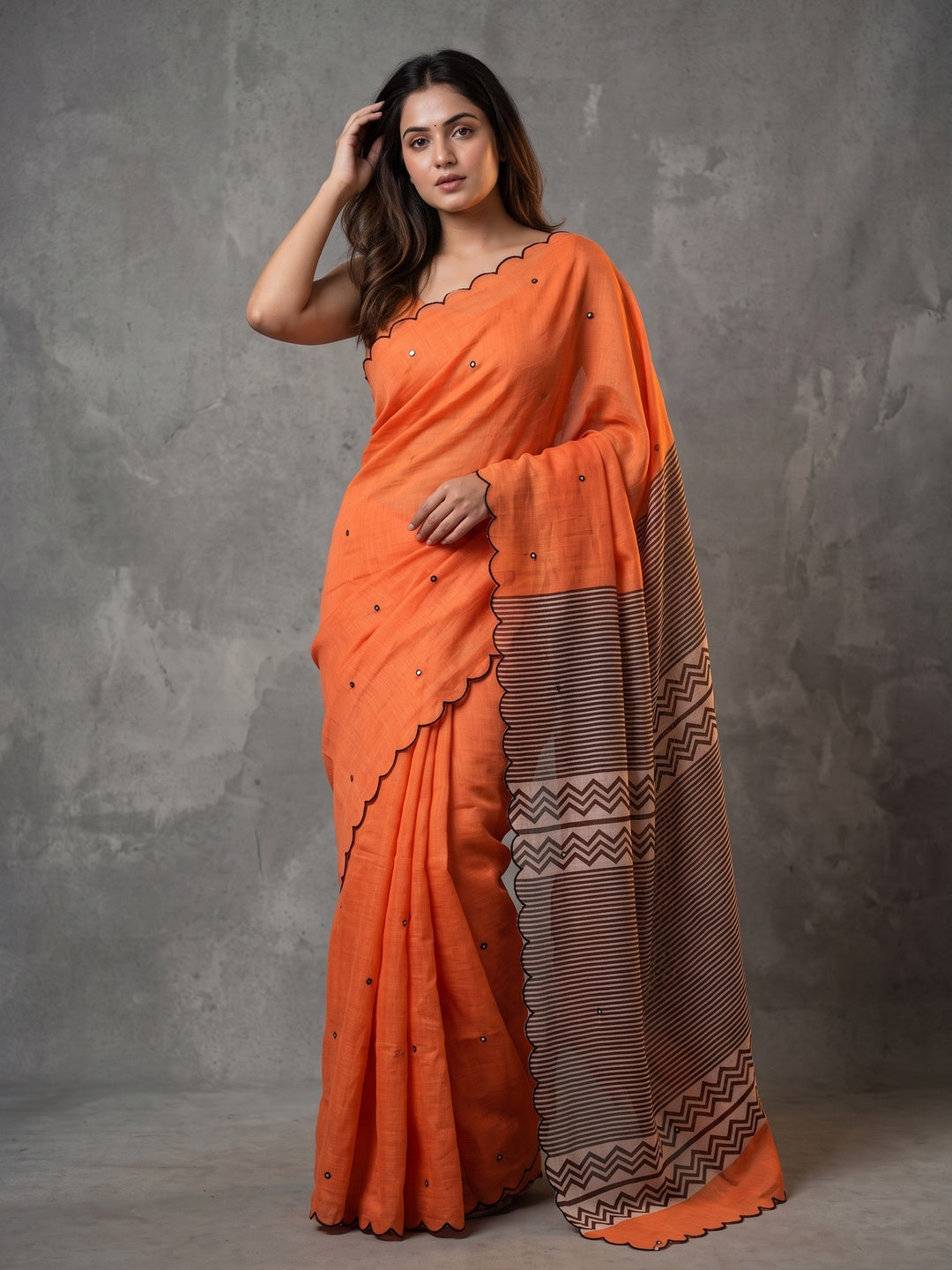 Orange Soft Linen Cotton Zigzag Mirror Work Saree - Image 1