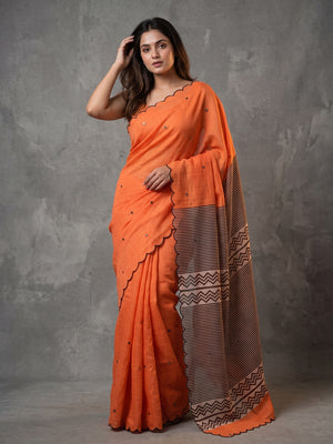 Orange Soft Linen Cotton Zigzag Mirror Work Saree - Image 1