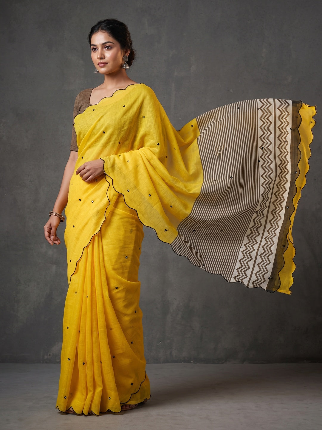 Yellow Soft Linen Cotton Zigzag Mirror Work Saree - Image 1