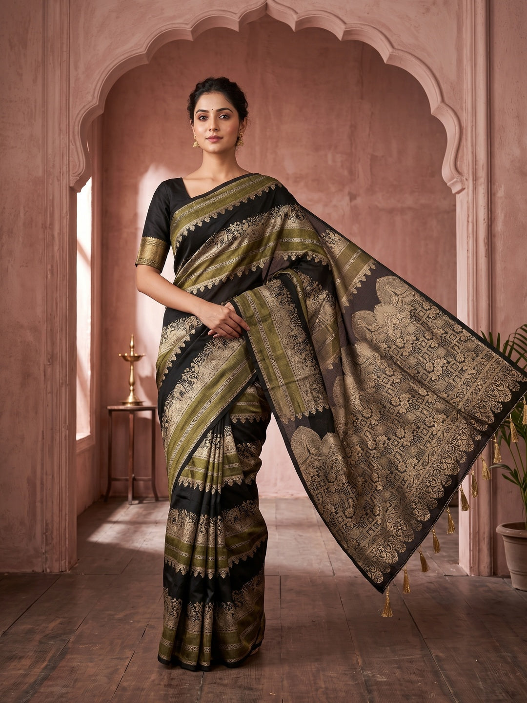 Peachmode Black Khadi Tissue Paithani Silk Saree - Image 1