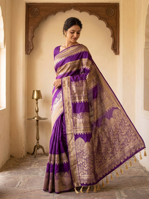 Peachmode Purple Khadi Tissue Paithani Silk Saree - Image 1