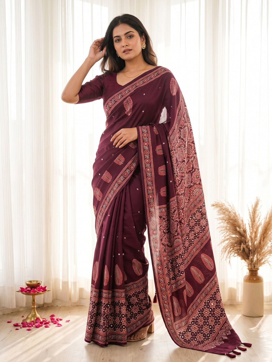 Peachmode Wine Ajrakh Mirror Work Saree - Image 1