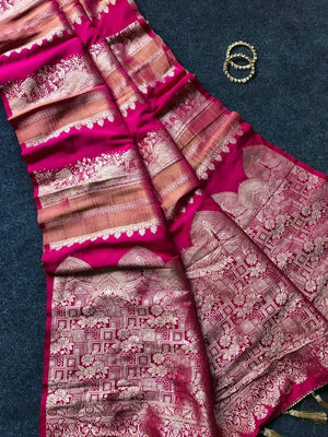 Peachmode Pink Khadi Tissue Paithani Silk Saree - Image 2