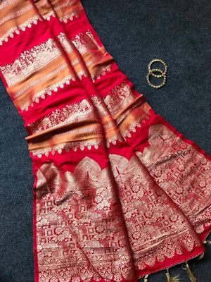 Peachmode Red Khadi Tissue Paithani Silk Saree - Image 2