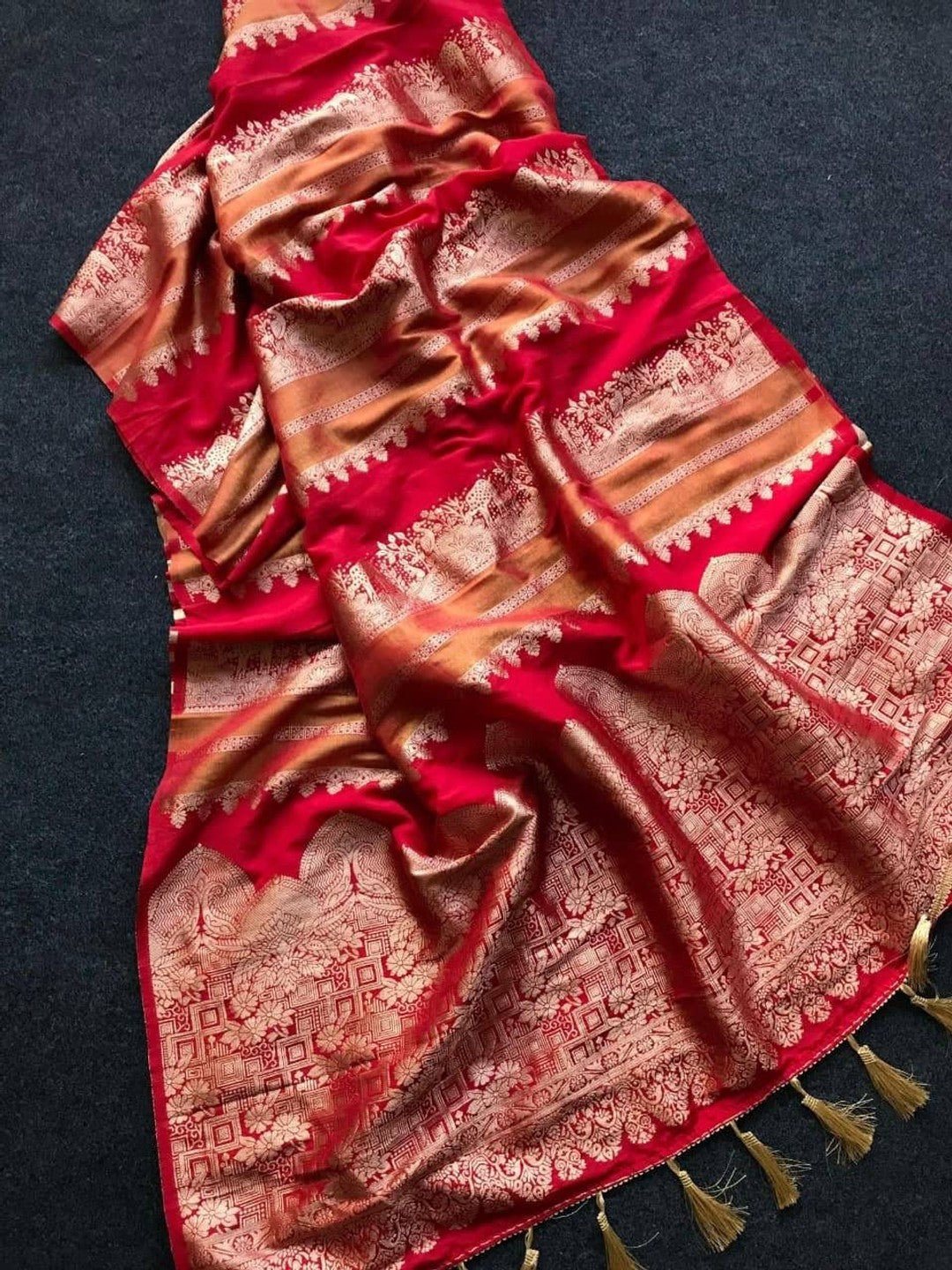 Peachmode Red Khadi Tissue Paithani Silk Saree - Image 3