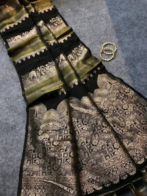 Peachmode Black Khadi Tissue Paithani Silk Saree - Image 2