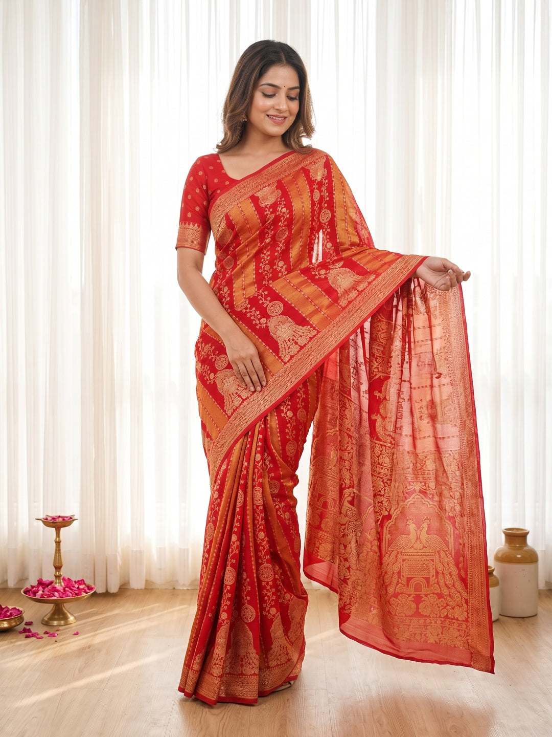 Peachmode Red Georgette Zari Woven Saree - Image 1