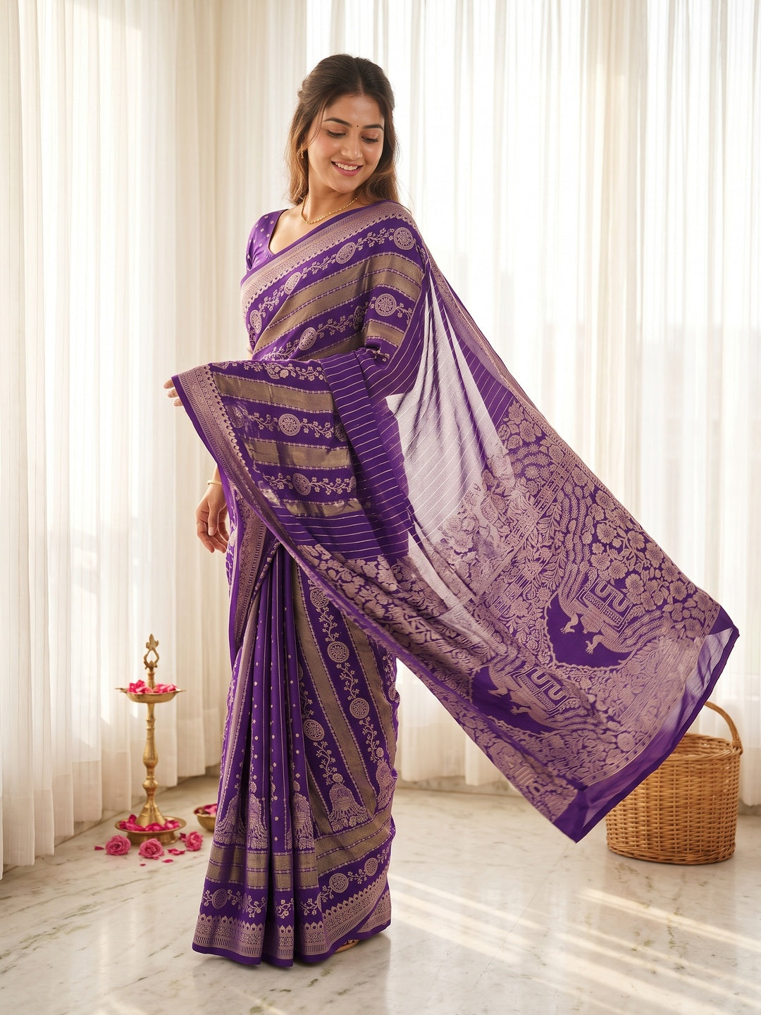 Peachmode Purple Georgette Zari Woven Saree - Image 1