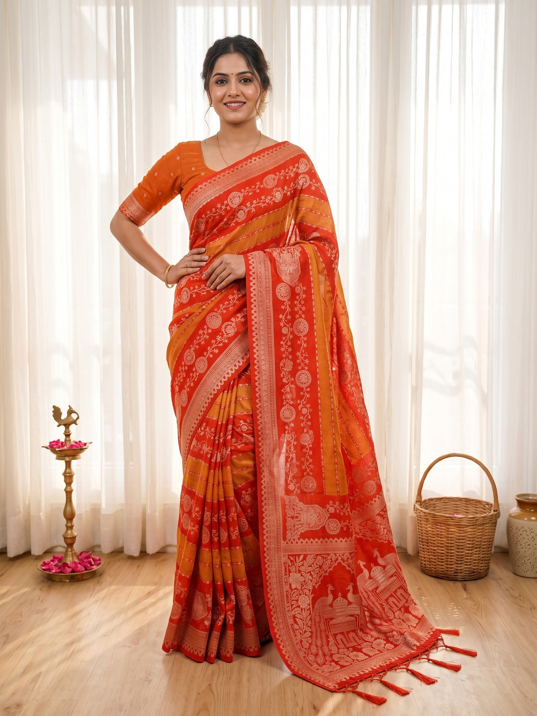 Peachmode Orange Georgette Zari Woven Saree - Image 1