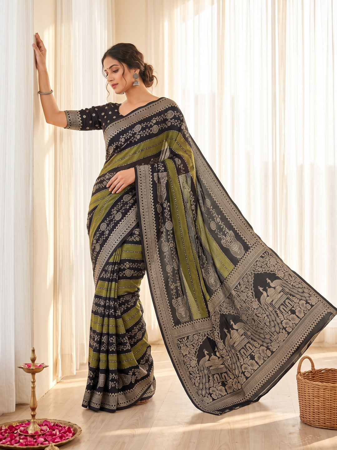 Peachmode Black Georgette Zari Woven Saree - Image 1